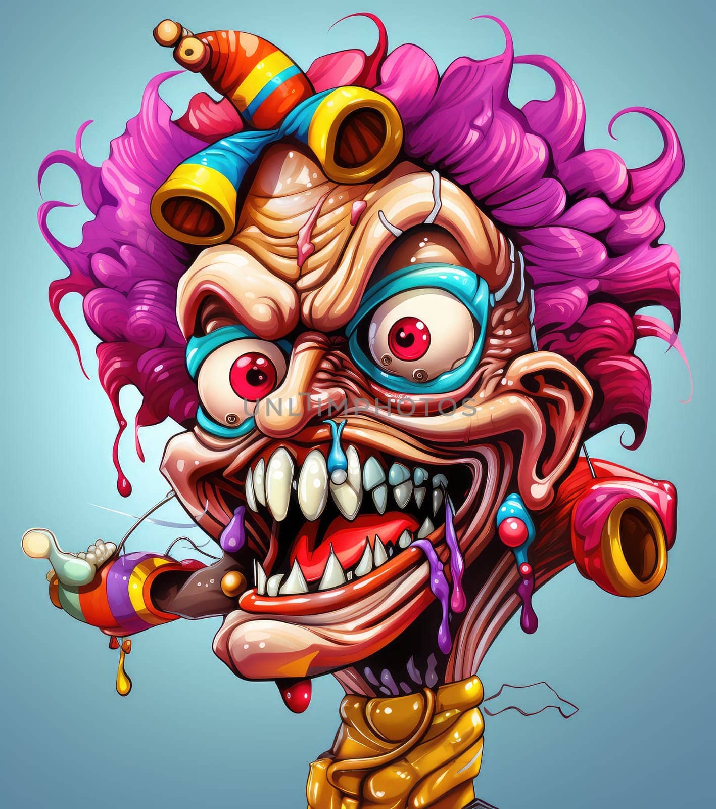 Portrait of an emotional clown in a puppet-cartoon psychedelic pop art style. Template for sticker, poster, t-shirt print, etc.