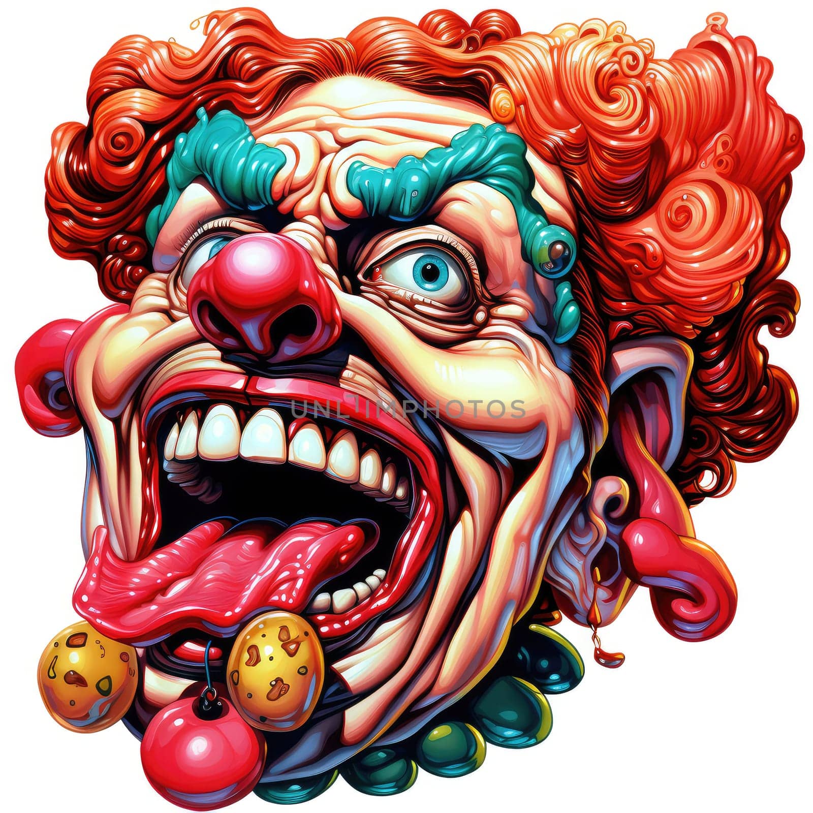 Portrait of an emotional clown in a puppet-cartoon psychedelic pop art style. Template for sticker, poster, t-shirt print, etc.