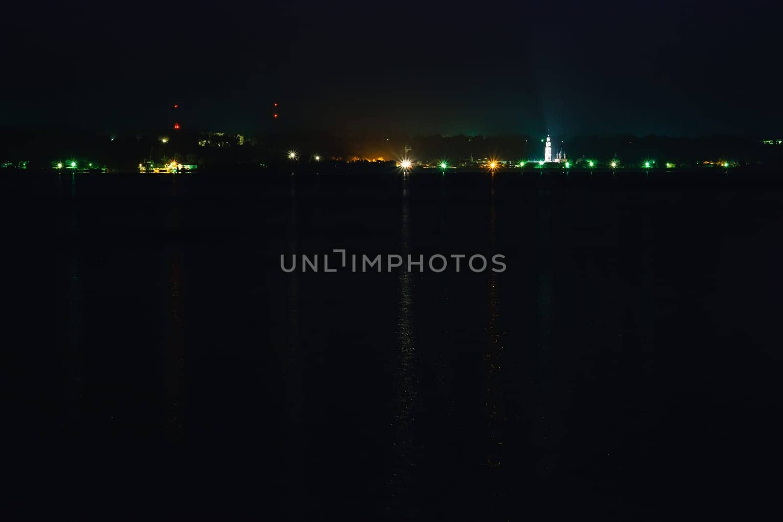 night city lights with the Church on the river with reflection in water