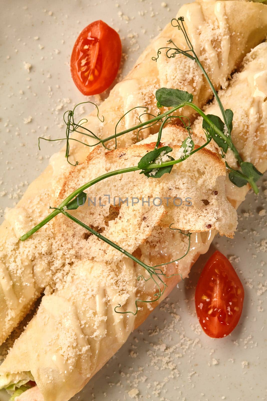 Detailed closeup view of appetizing savory stuffed crepe rolls dressed with creamy Caesar sauce, sprinkled with grated Parmesan and crispy breadcrumbs, served with cherry tomatoes and microgreens
