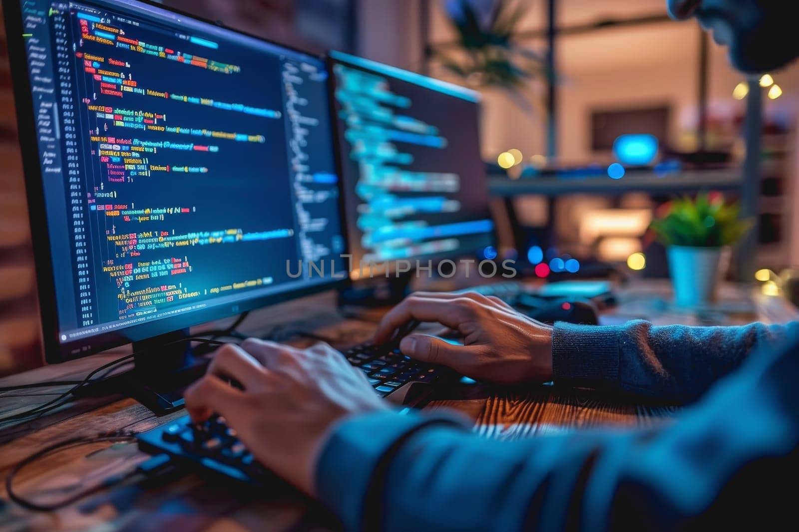 Programmer is hands on keyboard writing source code, on screen monitor showing writing code.