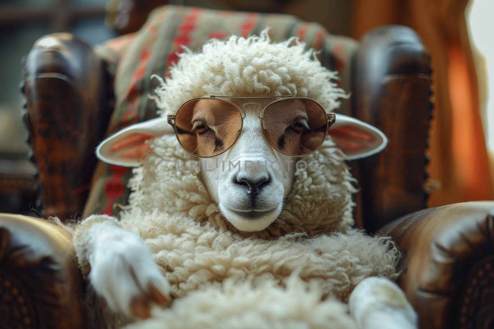A sheep wearing sunglasses is sitting on a leather chair. The sheep is wearing a pair of sunglasses and he is relaxed and comfortable