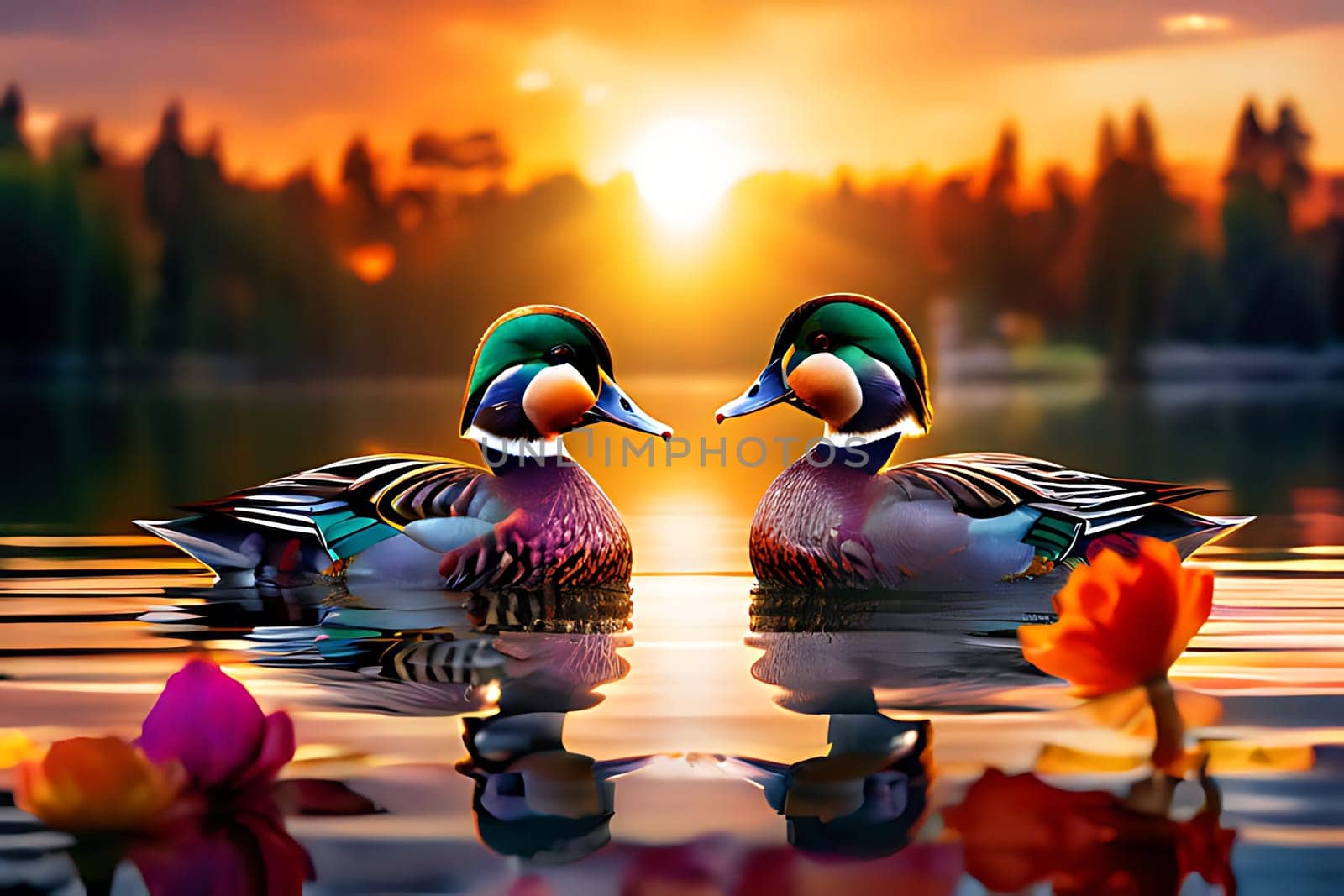 Sunset Serenity: A Pair of Ducks on a Tranquil Lake. High quality photo