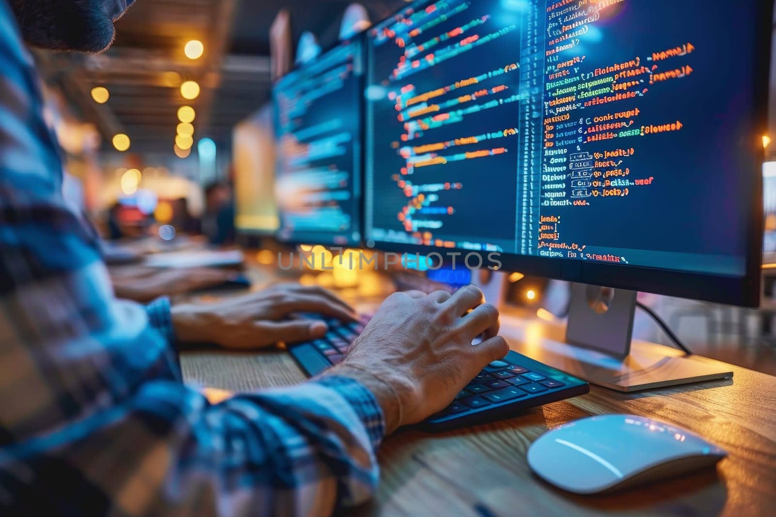 Programmer is hands on keyboard writing source code, on screen monitor showing writing code.