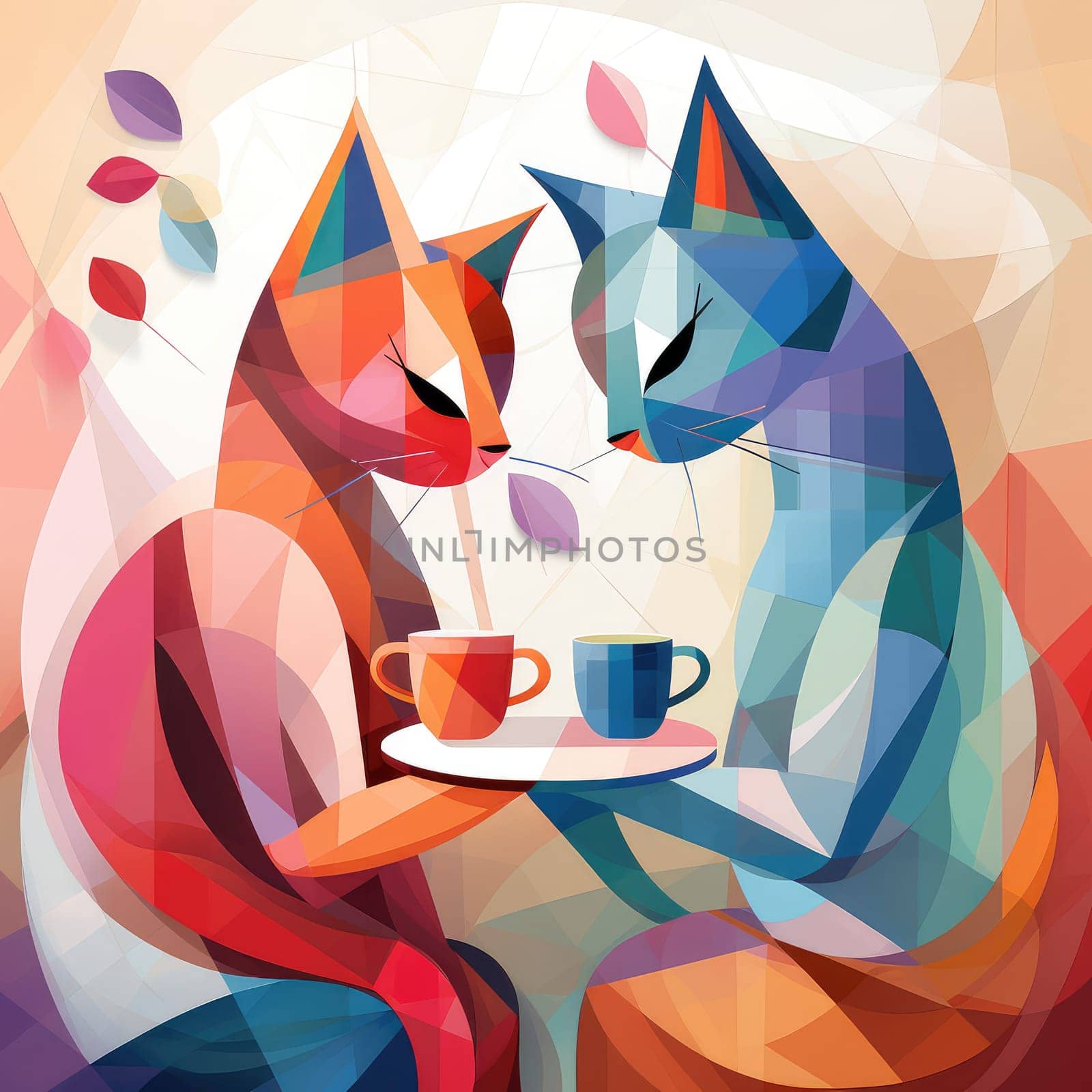 Abstract image of two kittens with cups of coffee by palinchak