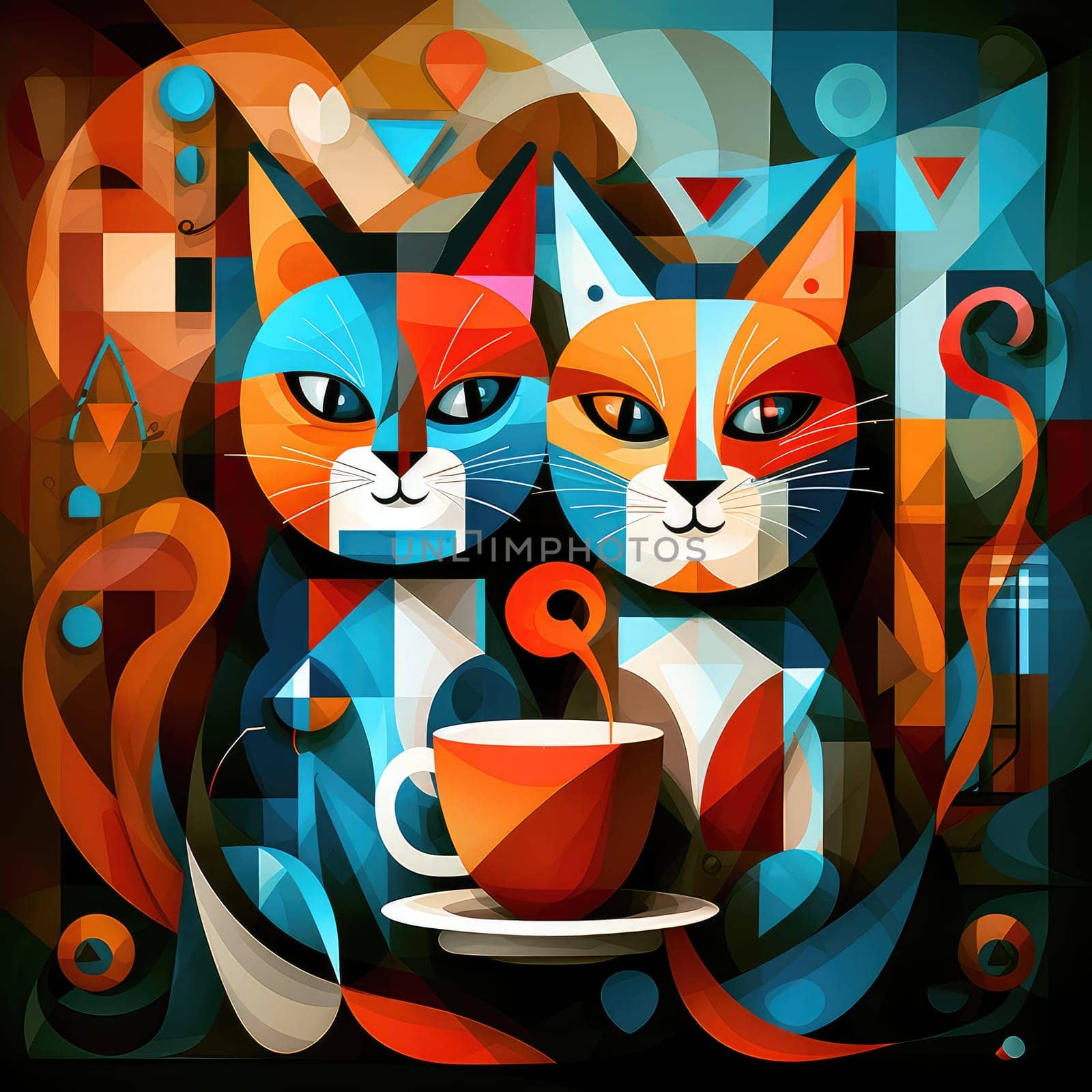Abstract image of two kittens with cups of coffee by palinchak