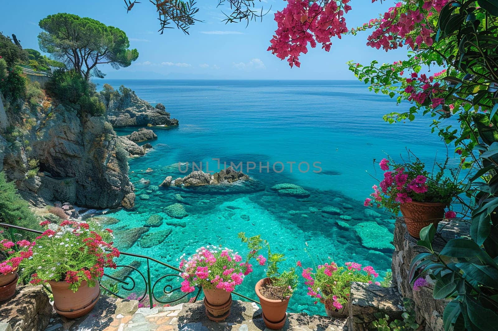 Captivating landscape of the sea at Ischia Island, located near Naples, Italy. The scene captures the expansive view of the turquoise Mediterranean waters gently lapping against the rugged coastline of Ischia