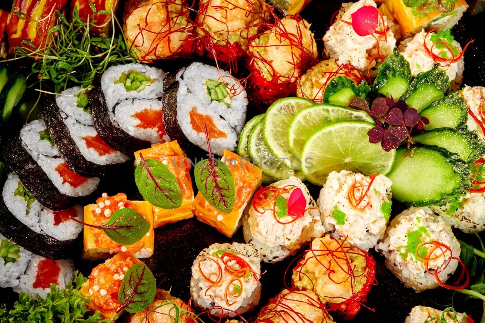 Closeup of richly adorned sushi rolls assortment with various delicate toppings of fish, seafood and vegetables, garnished with greens, slices of lime and sprinkled with sesame seeds on dark backdrop