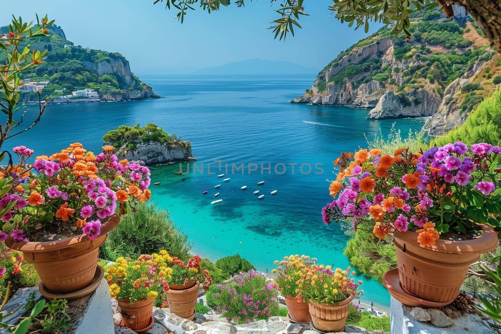 Captivating landscape of the sea at Ischia Island, located near Naples, Italy. The scene captures the expansive view of the turquoise Mediterranean waters gently lapping against the rugged coastline of Ischia