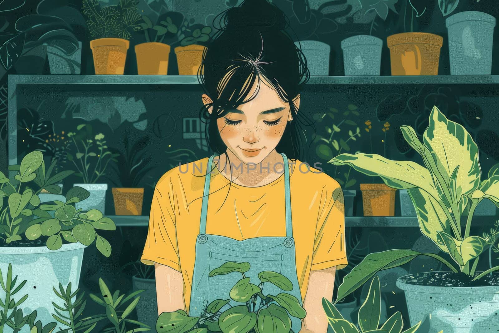 Cute Young Woman is Working in Florist's Shop. Gardening Green Illustration by iliris