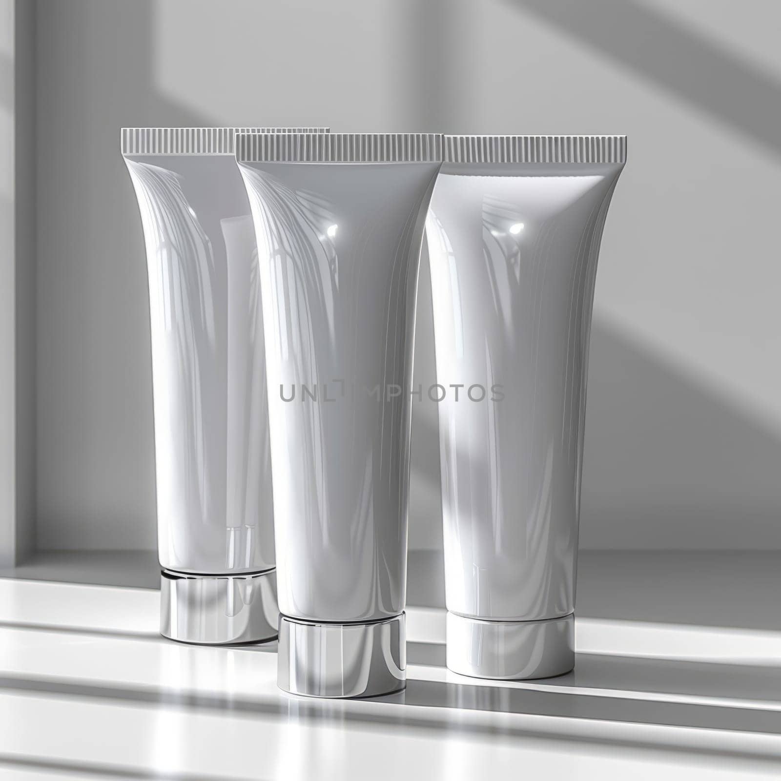 Aesthetic White Cosmetic Packages Mockup. Modern Indoor Product Photography with Shadow. Ai generated