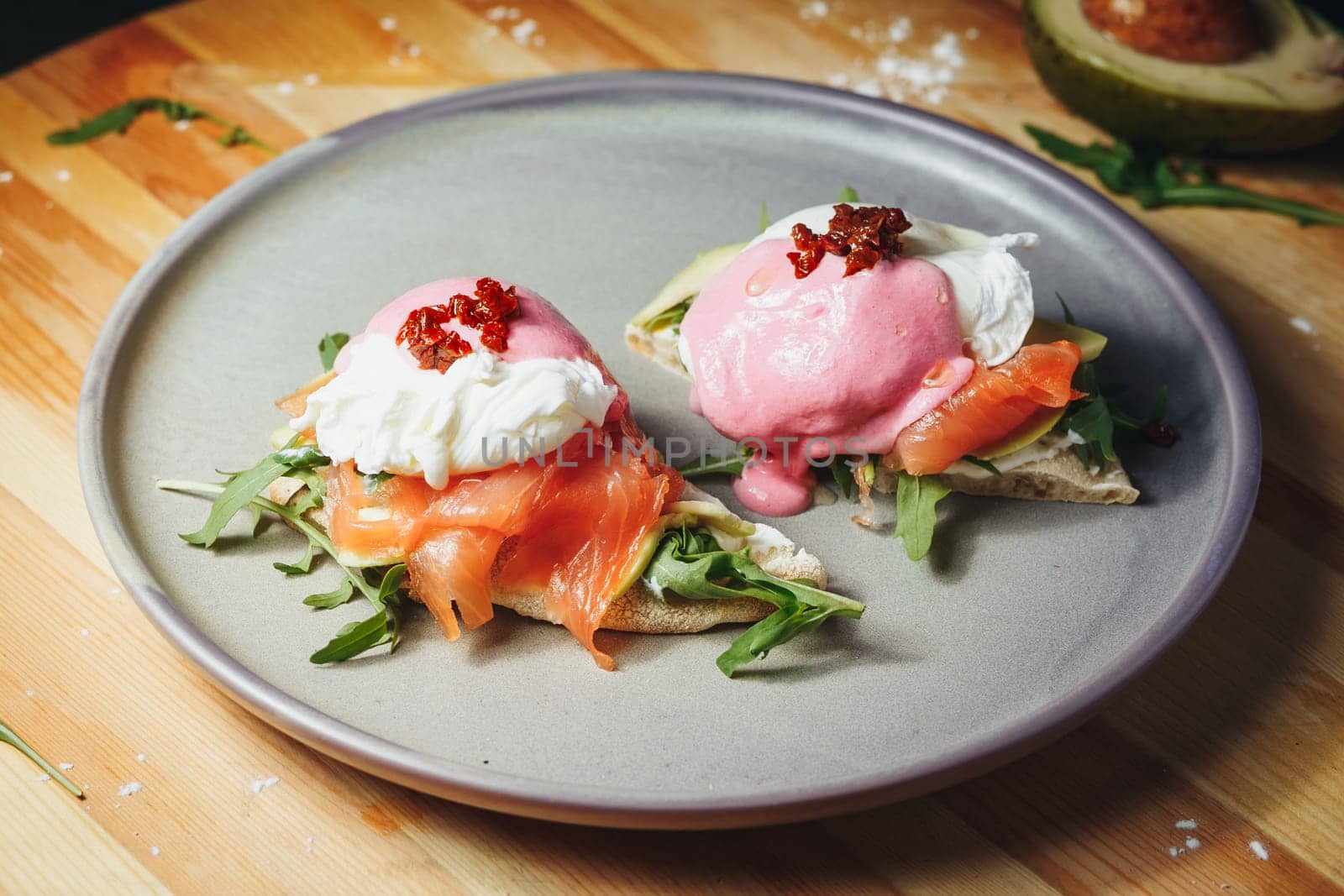 Elegant Eggs Benedict: Salmon and Avocado Delight by Miron