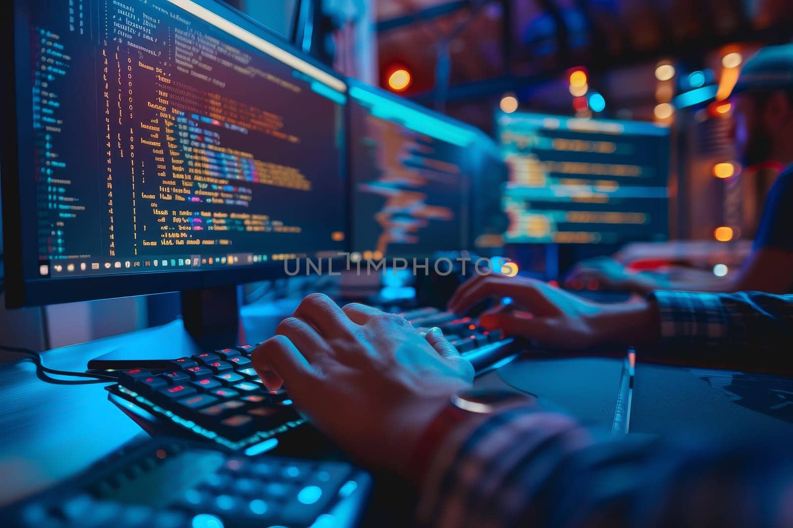 Programmer is hands on keyboard writing source code, on screen monitor showing writing code.