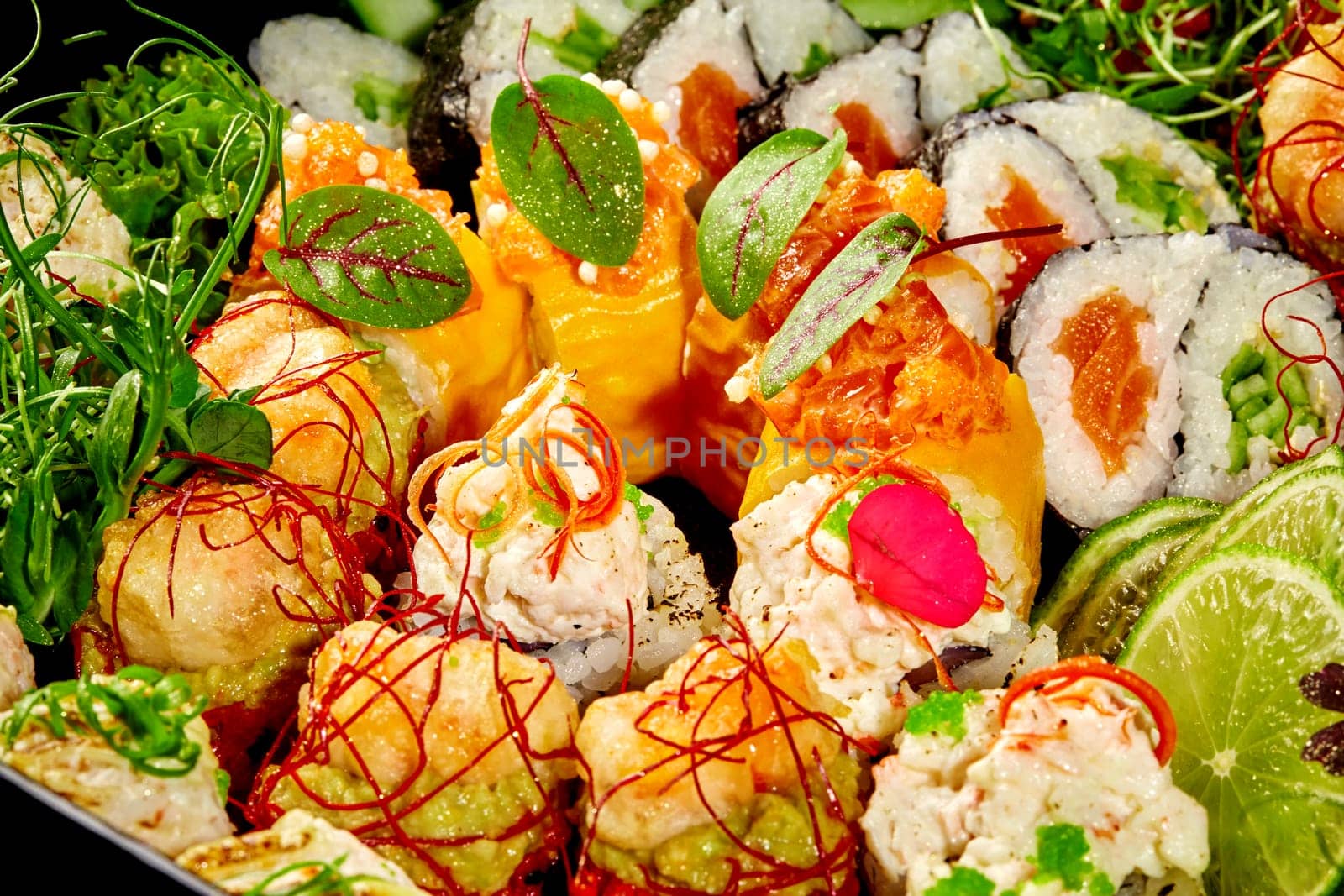 Macro shot of luxurious sushi rolls with artful garnishes by nazarovsergey