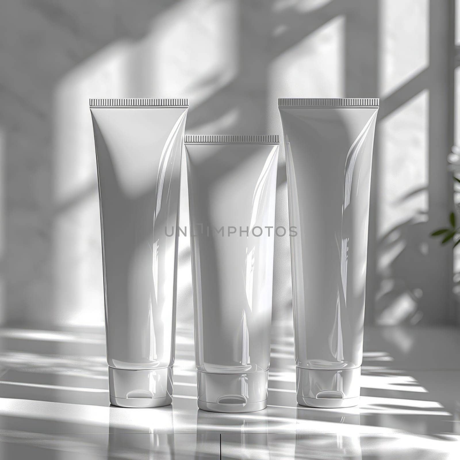 Aesthetic White Cosmetic Packages Mockup. Modern Indoor Product Photography with Shadow. Ai generated