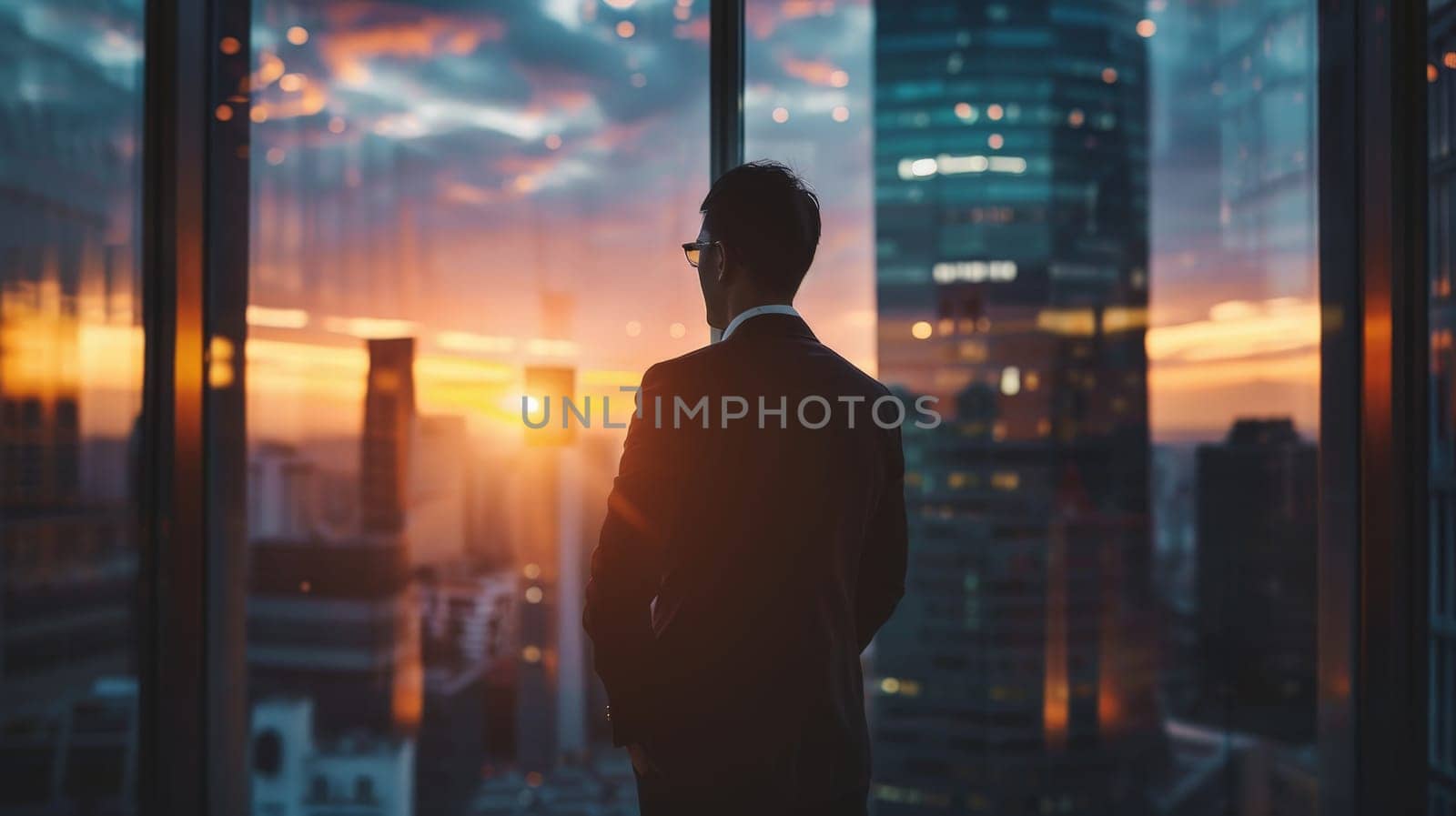A man in a suit is standing in front of a window looking out at the city by nijieimu