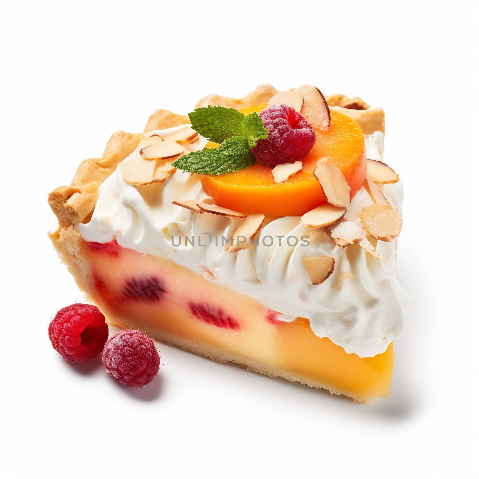 Piece of Tasty Fruit Pie on White Background. Fruit Tart with Fresh Fruits, Berries, Cream, Raspberries, Almonds.