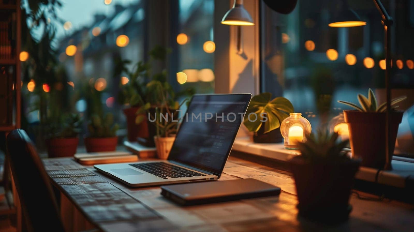 A laptop is on a desk with a potted plant and a candle. The scene is cozy and inviting, with the warm glow of the candle and the greenery of the plant creating a relaxing atmosphere