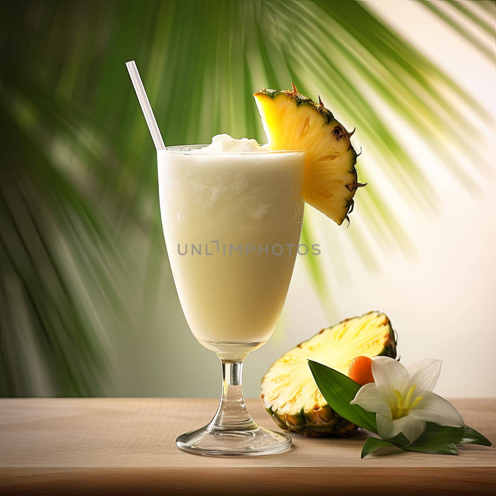 Pina Colada Cocktail Day with Pineapple. Coctail Day on Background with Pineapple Leaves.
