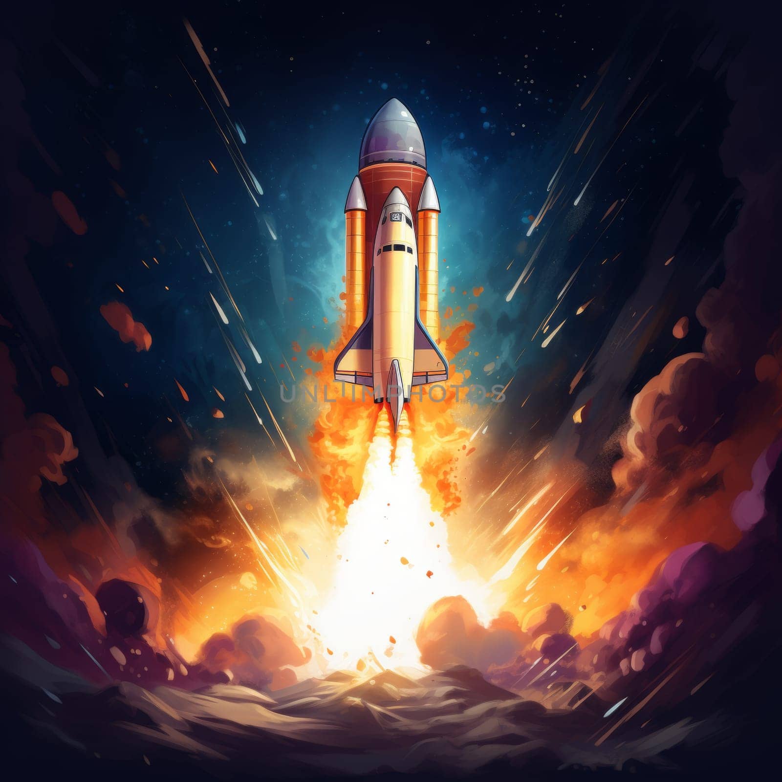 Successful Rocket Launching with Crew on a Space Exploration Mission. Flying Spaceship Blasts Flames and Smoke on a Take-Off. Humanity in Space, Conquering Universe.