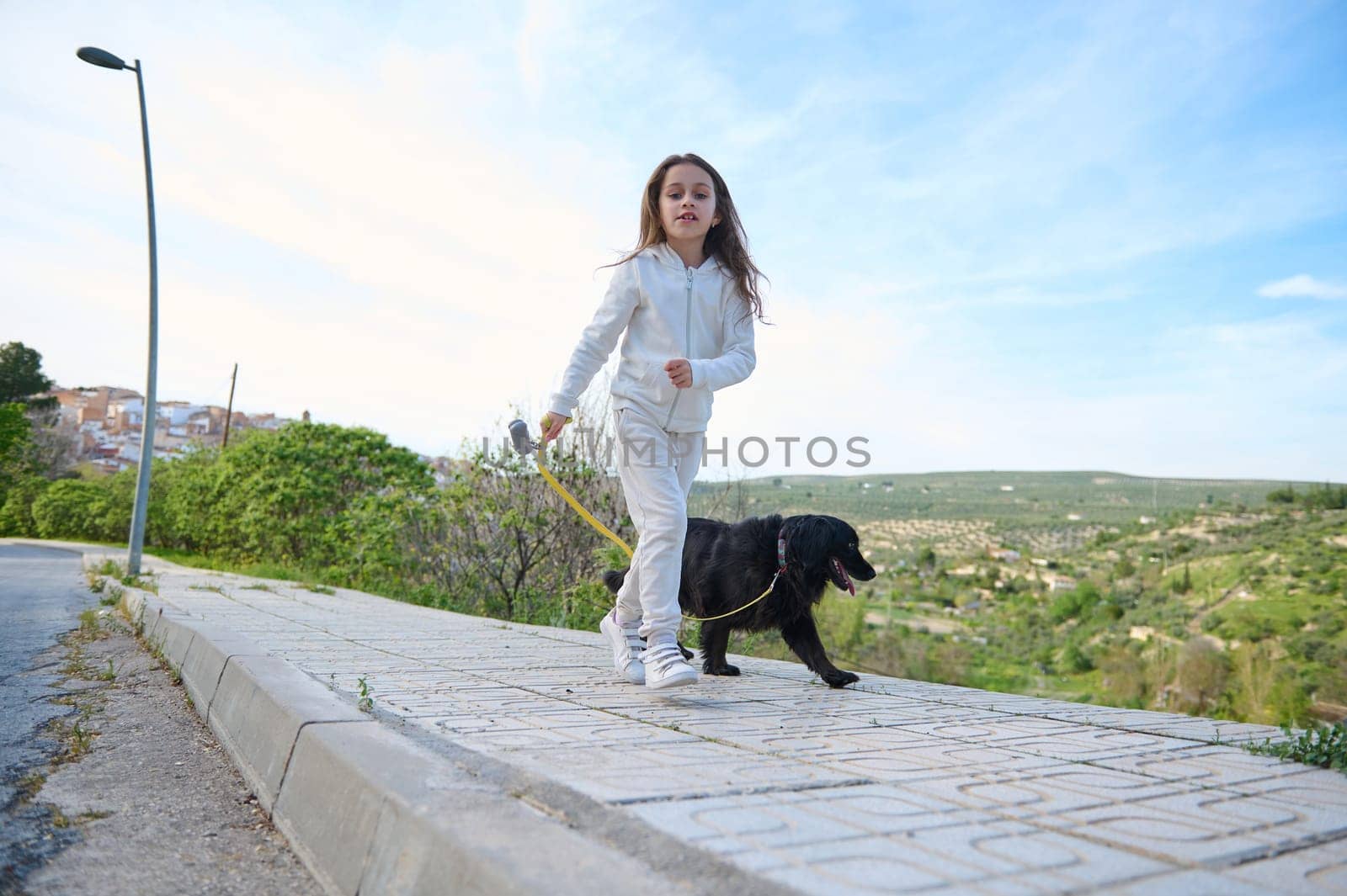 Happy child girl enjoying walking her dog outdoors in the nature. Pretty school age kid taking her pedigree black cocker spaniel dog for a walk on sunny day by artgf