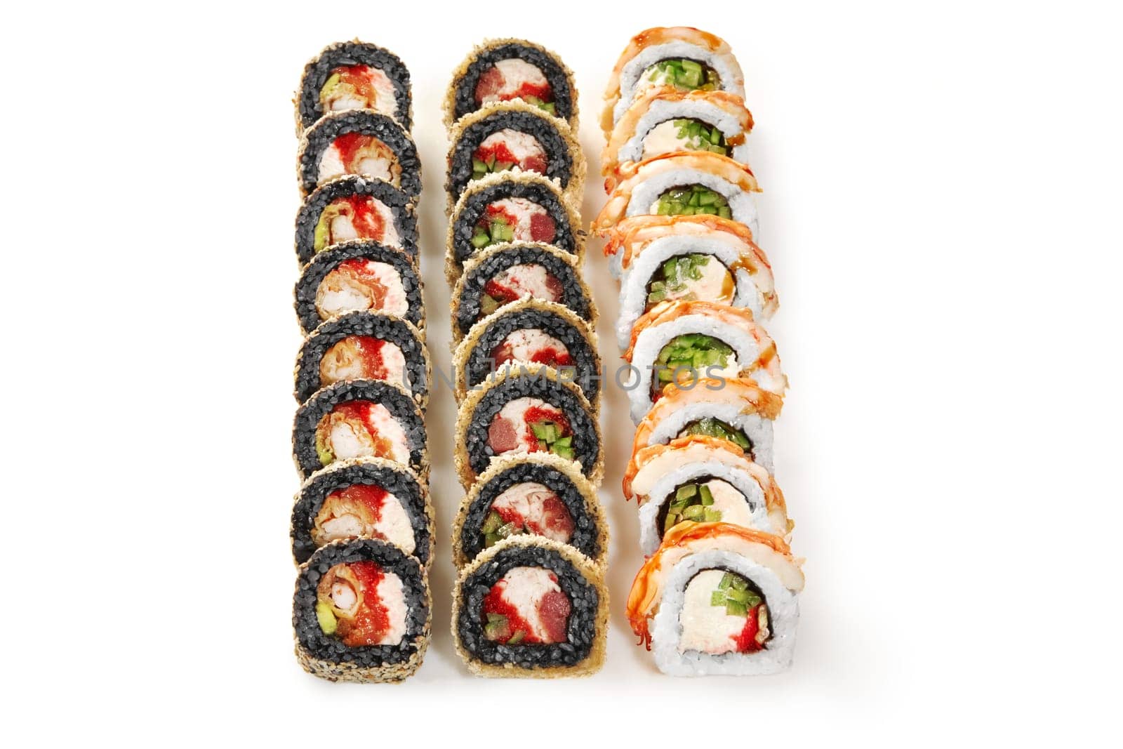 Delightful sushi trio: crunchy tempura rolls with black rice, sesame coated uramaki with tender shrimp tempura, and classic sushi rolls crowned with succulent prawn, arranged on white background