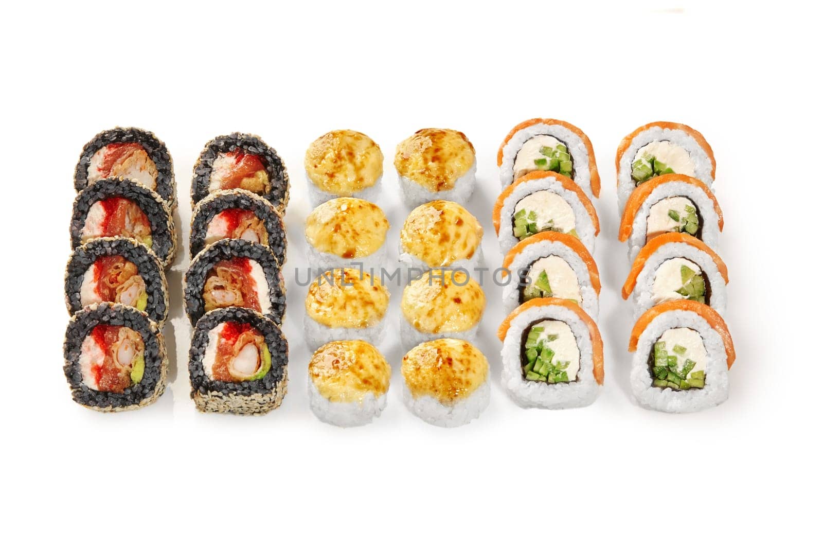 Inviting set of sushi rolls including cheese-baked sushi, shrimp-filled black rice uramaki, and classic salmon Philadelphia rolls, against white background. Japanese cuisine