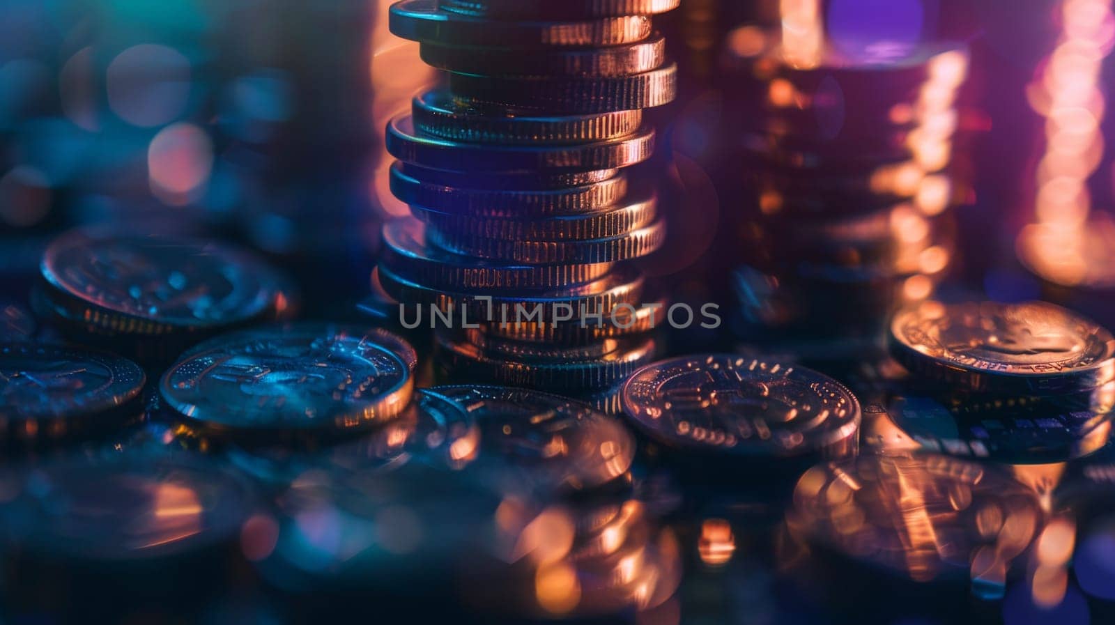 A pile of coins with a blurry background. The coins are stacked on top of each other, creating a sense of depth and dimension. The image conveys a feeling of abundance and wealth