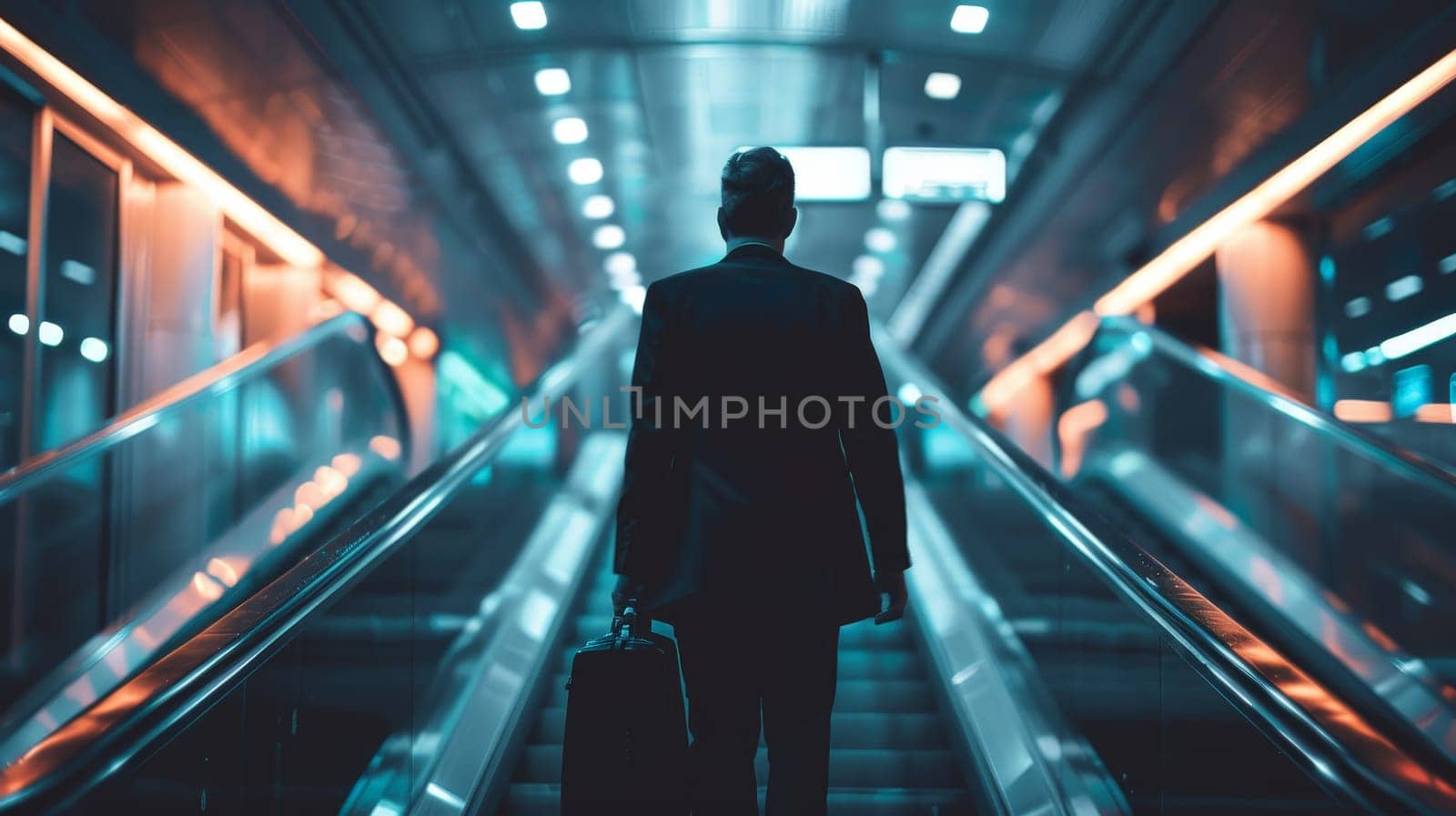 A man wearing a suit and carrying a briefcase is walking down an escalator by nijieimu