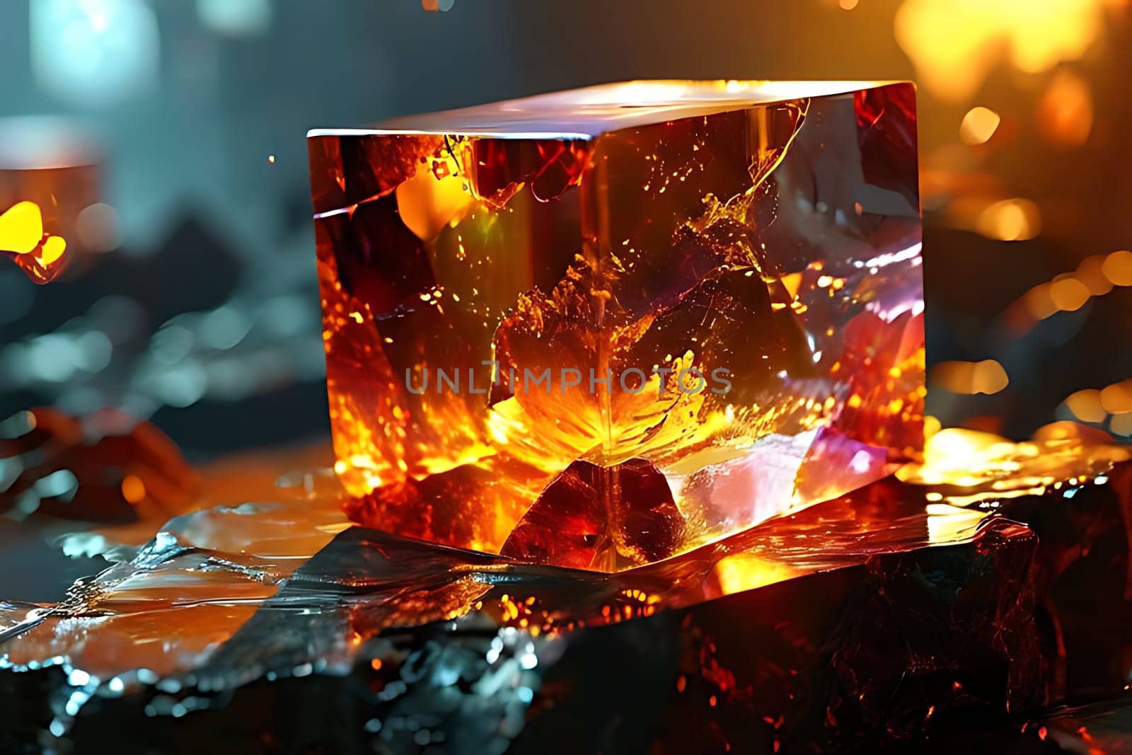 Glass cube with holographic transparent and iridescent color isolated on black background 20mm lens
