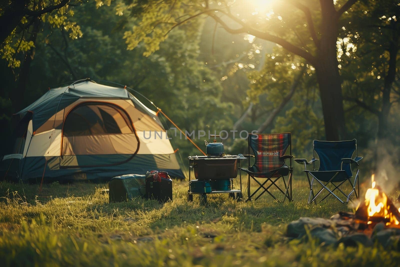 Camping outdoors with lots of sunlight. tent, chairs, a tent BBQ rack, and more.