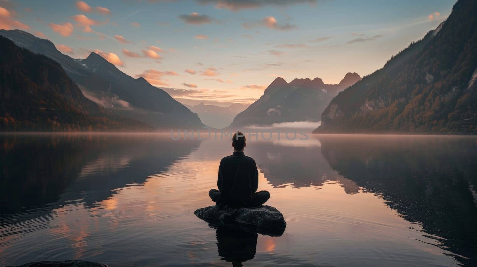 A man is sitting on a rock in front of a lake. The sky is orange and the water is calm. The man is in a peaceful and serene state of mind