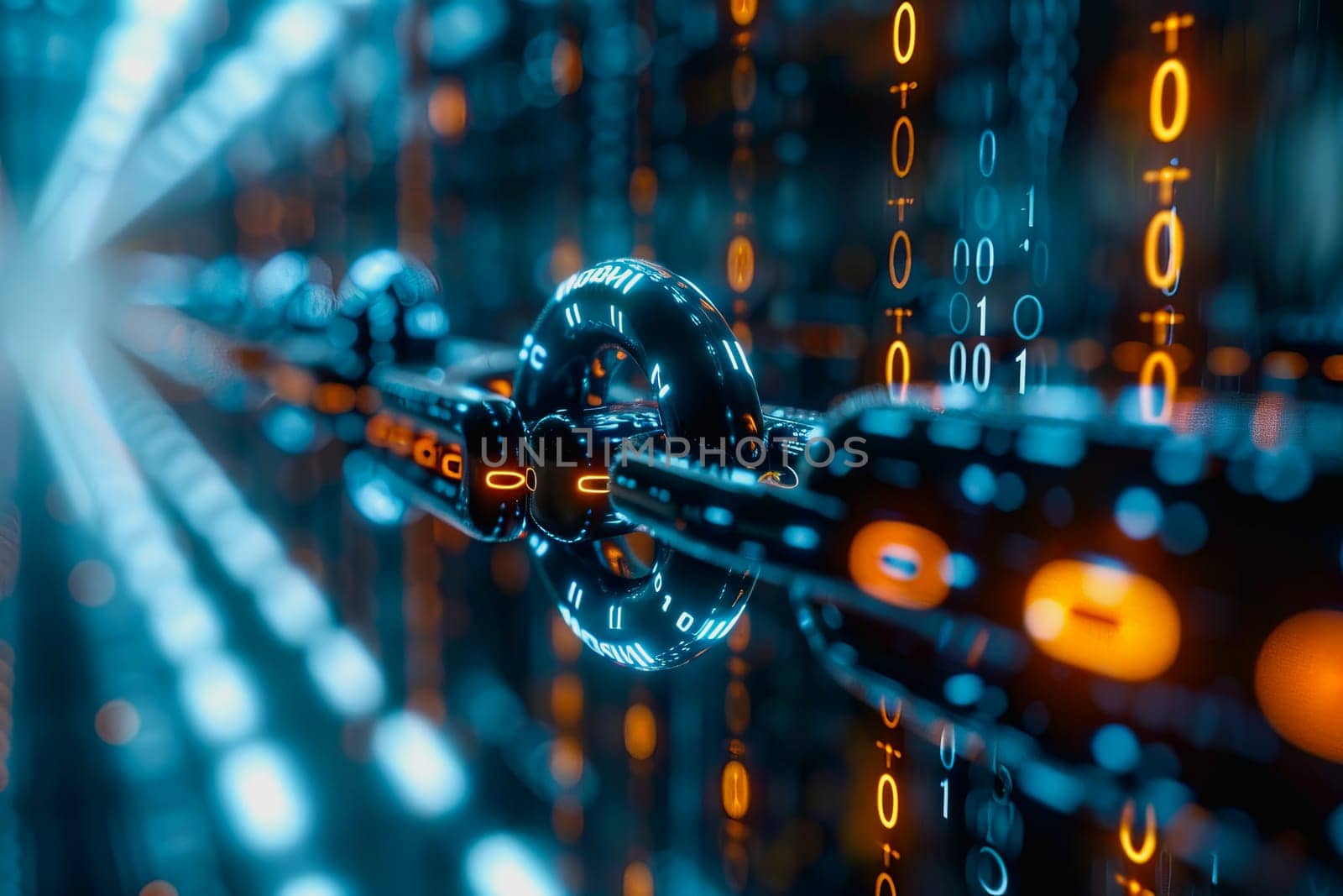 binary numeric data transmission chain of nodes connected in a network form, p2p connection.