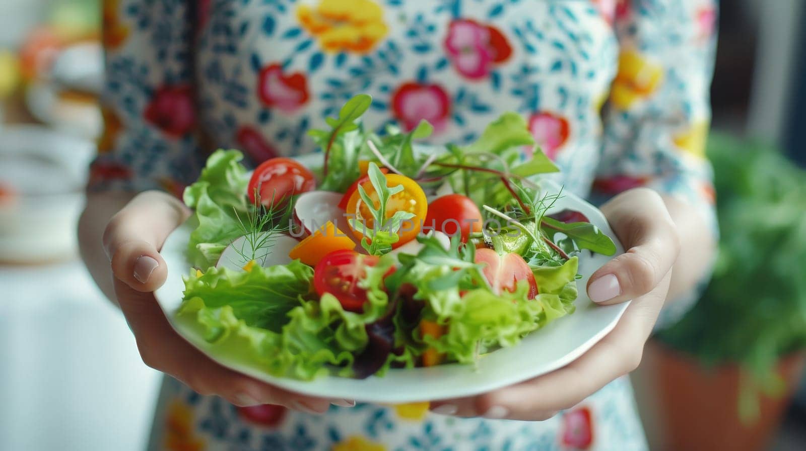 Woman's hands holding a bowl of vegetable salad, Hands with healthy eating theme by nijieimu