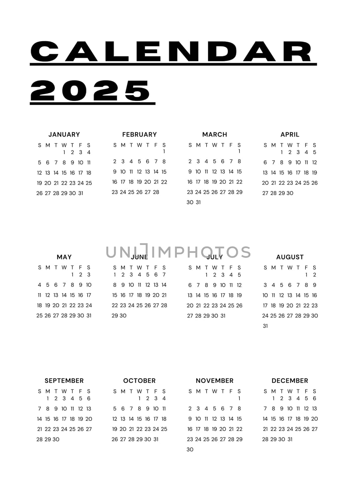 White vertical calendar for 2025 year. minimalistic 2025 Calendar.