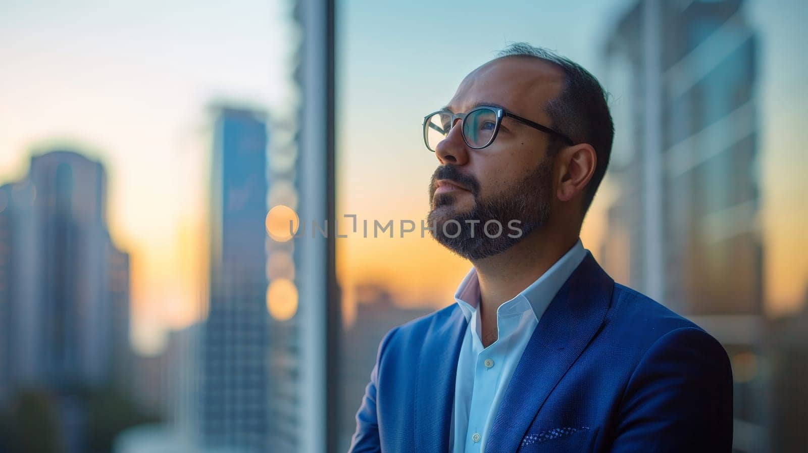 A man in a blue suit and glasses is looking out the window at the city skyline. Concept of contemplation and reflection as the man gazes out at the bustling city below
