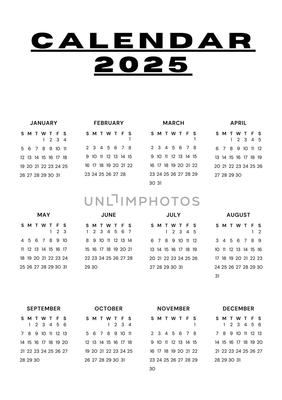 White vertical calendar for 2025 year. minimalistic 2025 Calendar.
