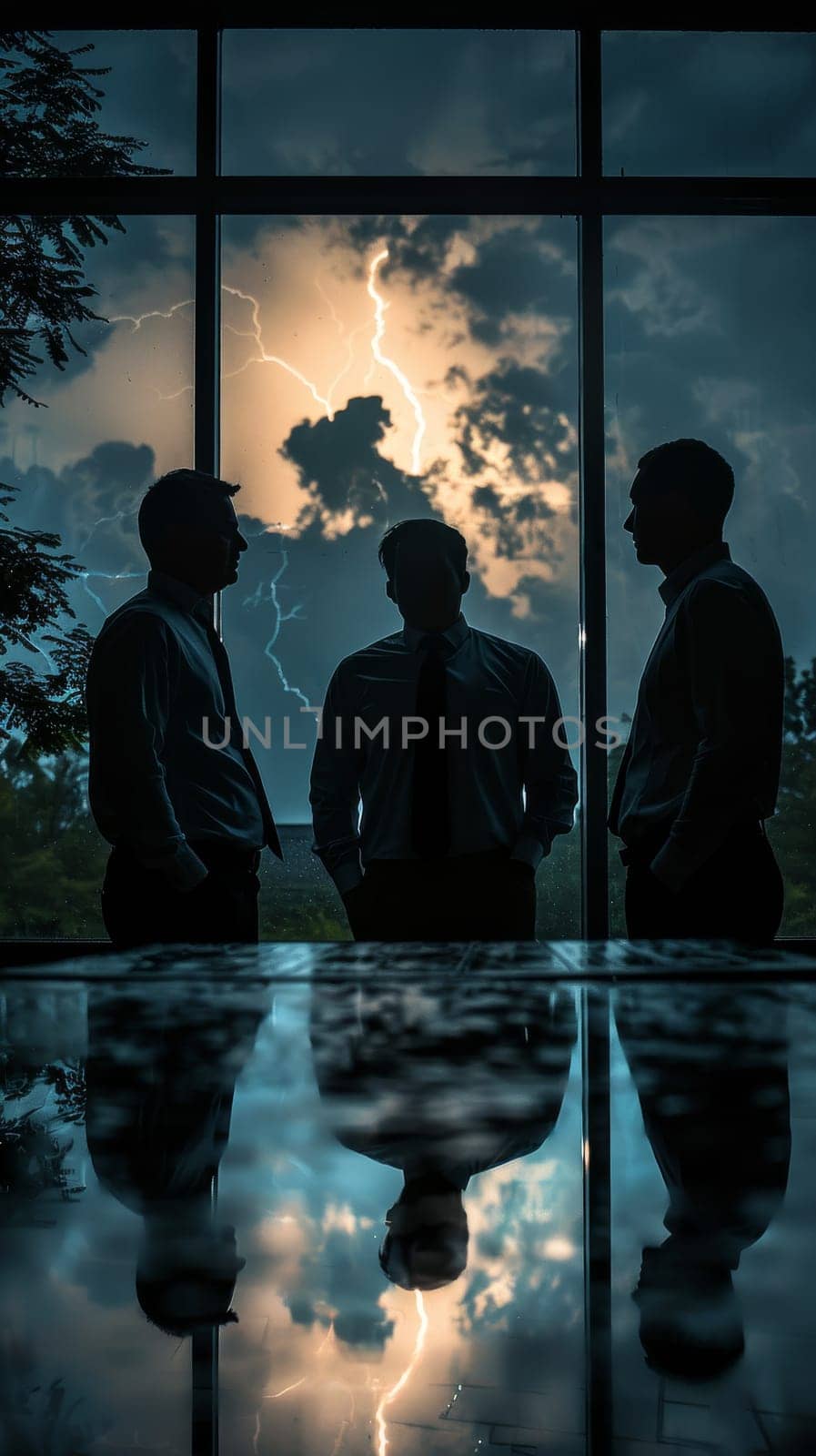 Three men are standing in front of a window, with a lightning bolt in the background. Scene is tense and dramatic, as the men seem to be in the middle of a storm