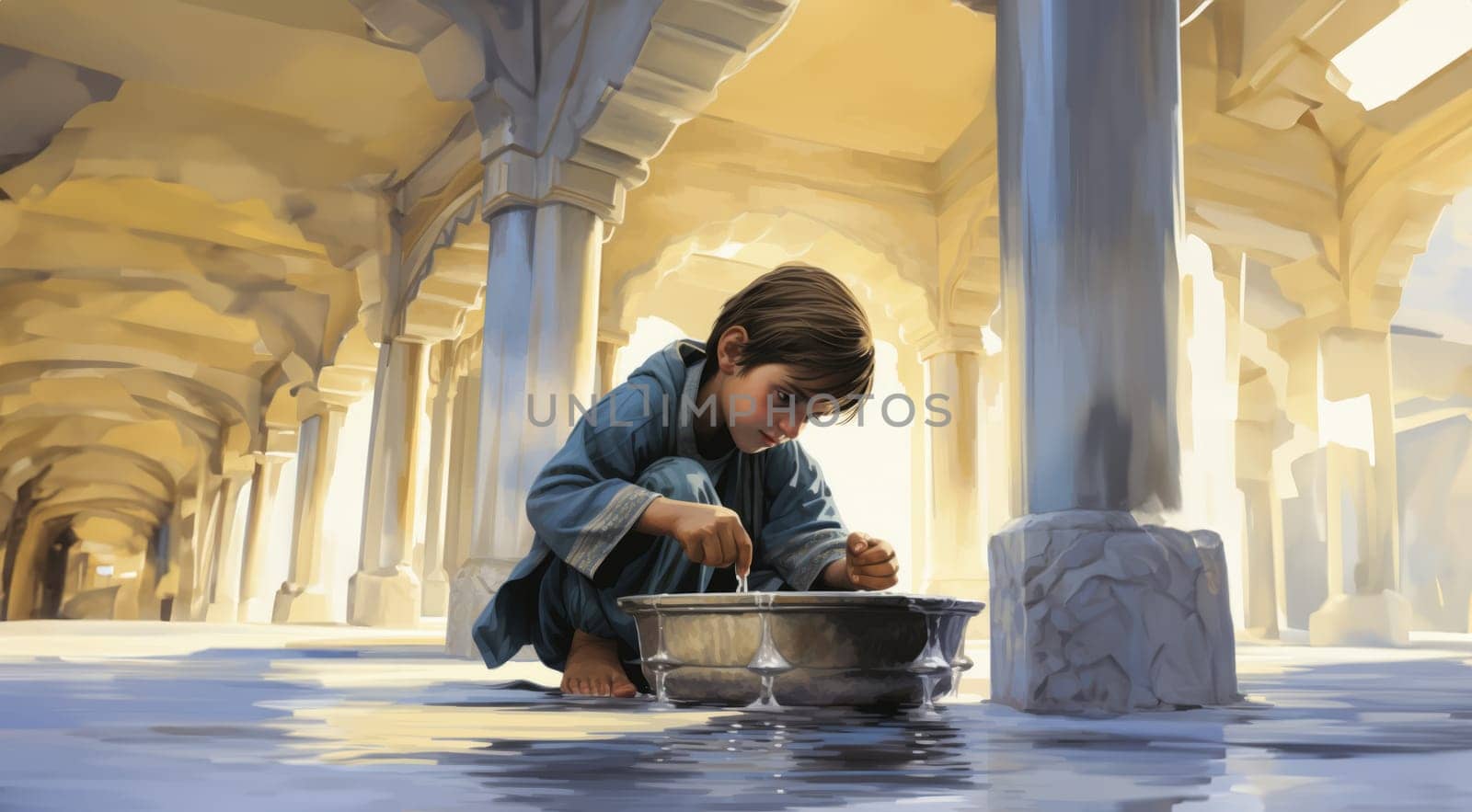 A young boy engages in the Islamic ritual of "abdest," cleansing and purifying his body before prayer, embodying the spiritual traditions and cultural practices associated with Islamic worship.Generated image. by dotshock