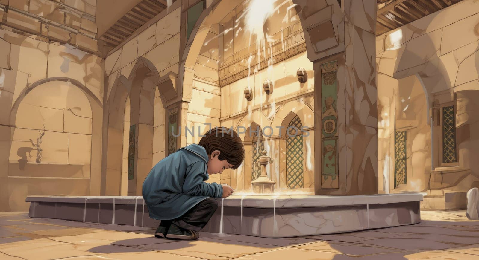 A young boy engages in the Islamic ritual of "abdest," cleansing and purifying his body before prayer, embodying the spiritual traditions and cultural practices associated with Islamic worship.Generated image. by dotshock