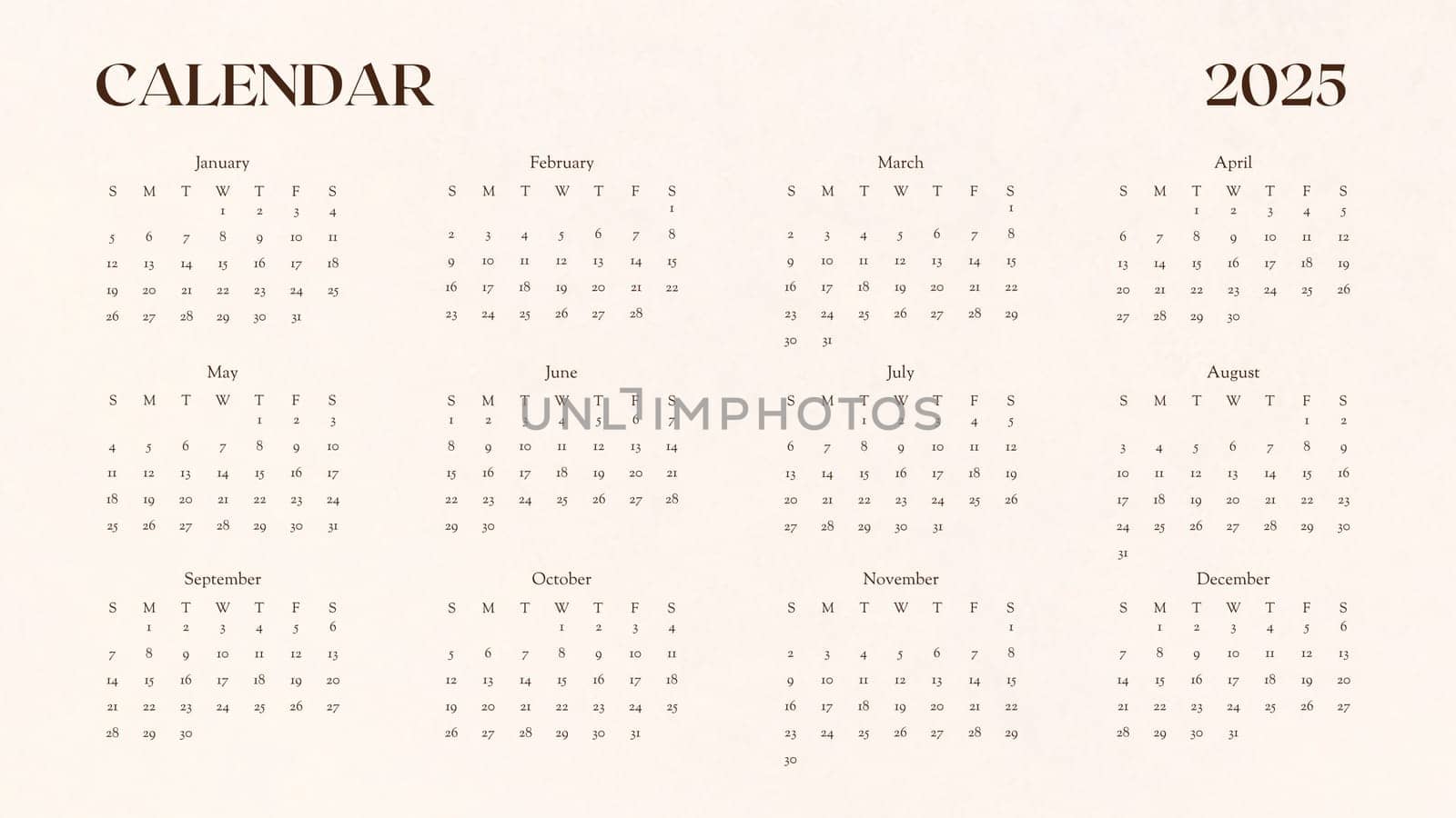 Beige horizontal calendar for 2025 year. minimalistic 2024 Calendar. The calendar is divided into twelve months and has a total of twelve pages