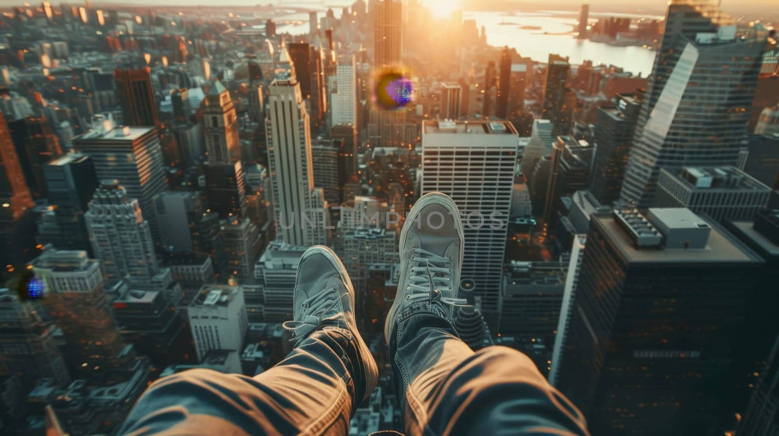 A person is taking a photo of a city from a high place. The city is lit up with the sun setting in the background