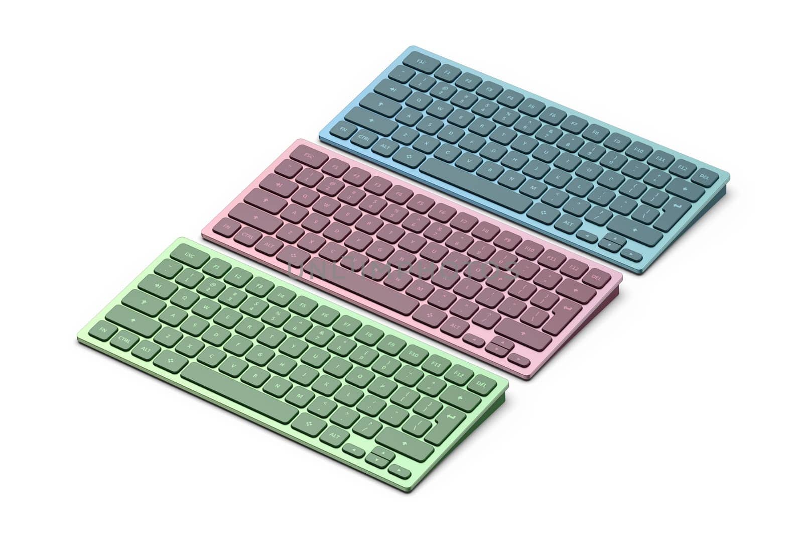 Row with three wireless computer keyboards with different colors on white background