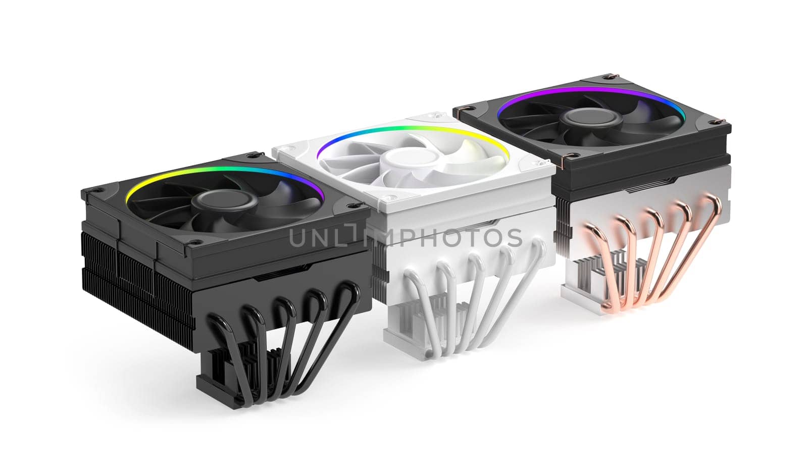 Five low-profile cpu air coolers with different colors on white background