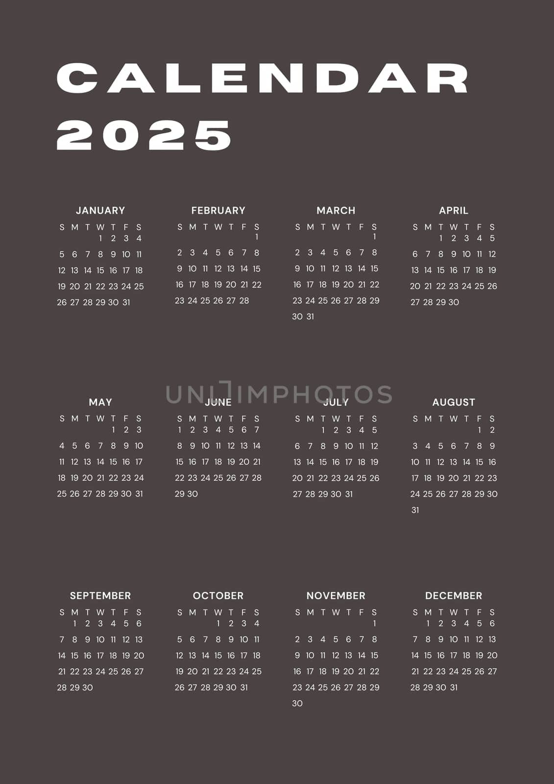 Brown vertical calendar for 2025 year. minimalistic 2025 Calendar.