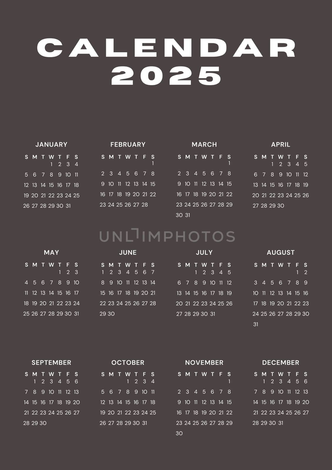 Brown vertical calendar for 2025 year. minimalistic 2025 Calendar.