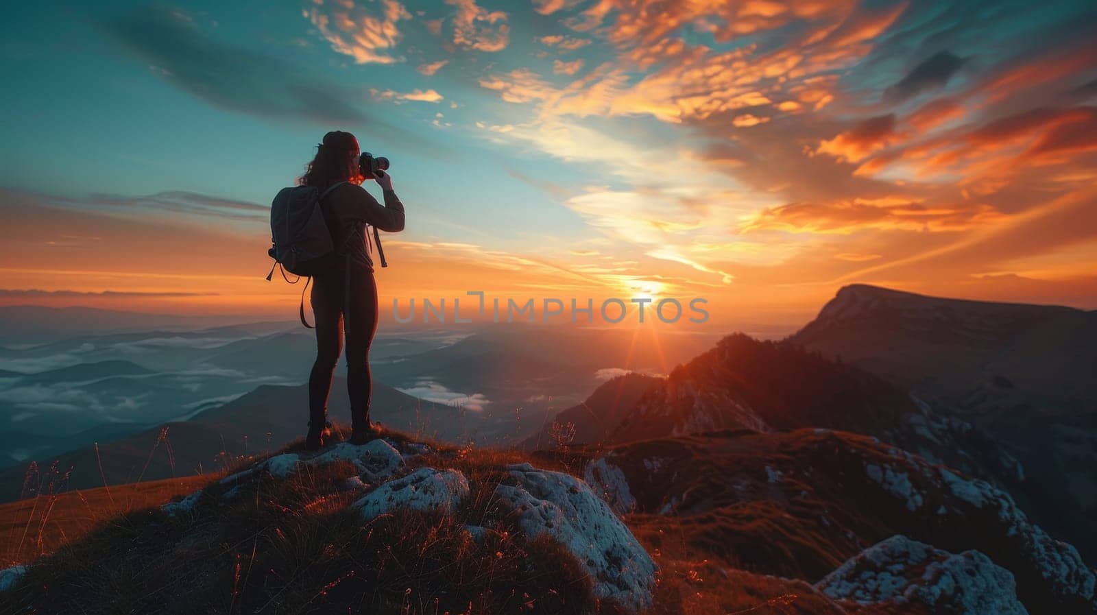 A woman is taking a picture of the sunset from a mountain top. The sky is filled with clouds and the sun is setting, creating a beautiful and serene atmosphere