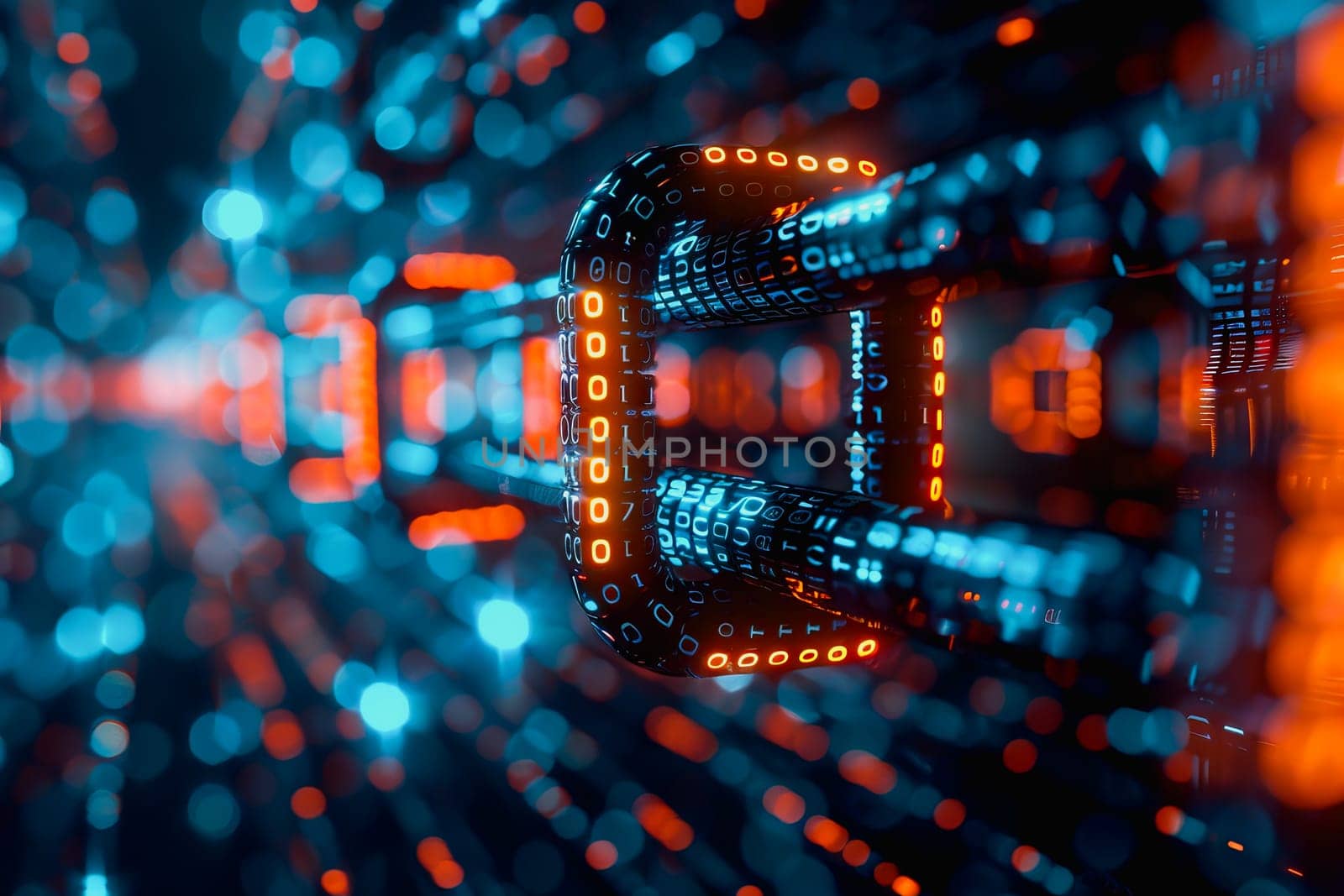 binary numeric data transmission chain of nodes connected in a network form, p2p connection.