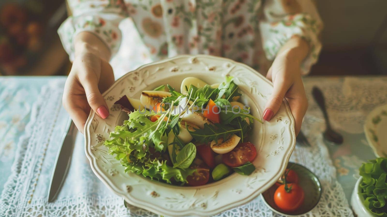 Woman's hands holding a bowl of vegetable salad, Hands with healthy eating theme.