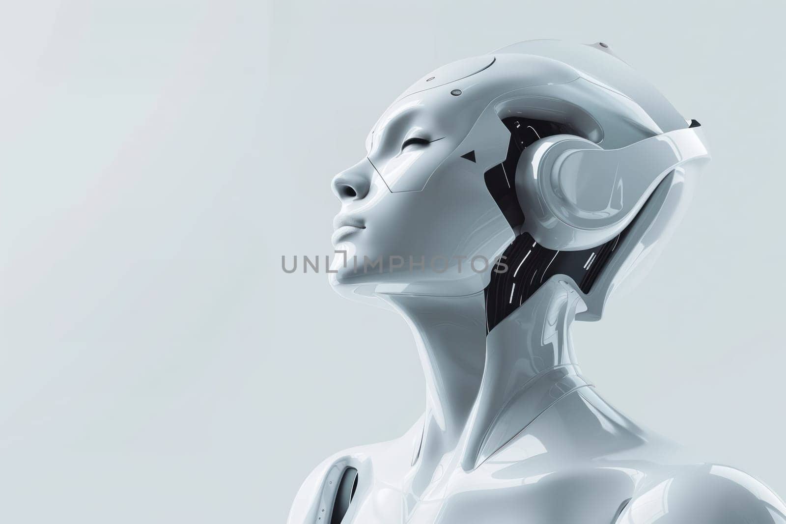 Futuristic modern white robot cyber illustration with place for text.